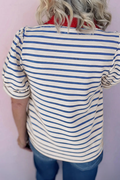 Pink Stripe Short Puff Sleeve Color Block Polo Collar Blouse