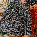 Black Floral Deep V Neck Smocked Bust Bubble Sleeve Babydoll Dress