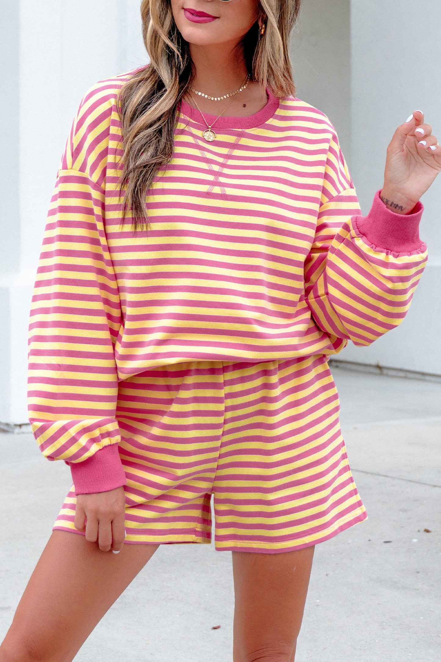 Yellow Stripe Color Block Trim Round Neck Long Sleeve Top Casual Shorts 2pcs Set