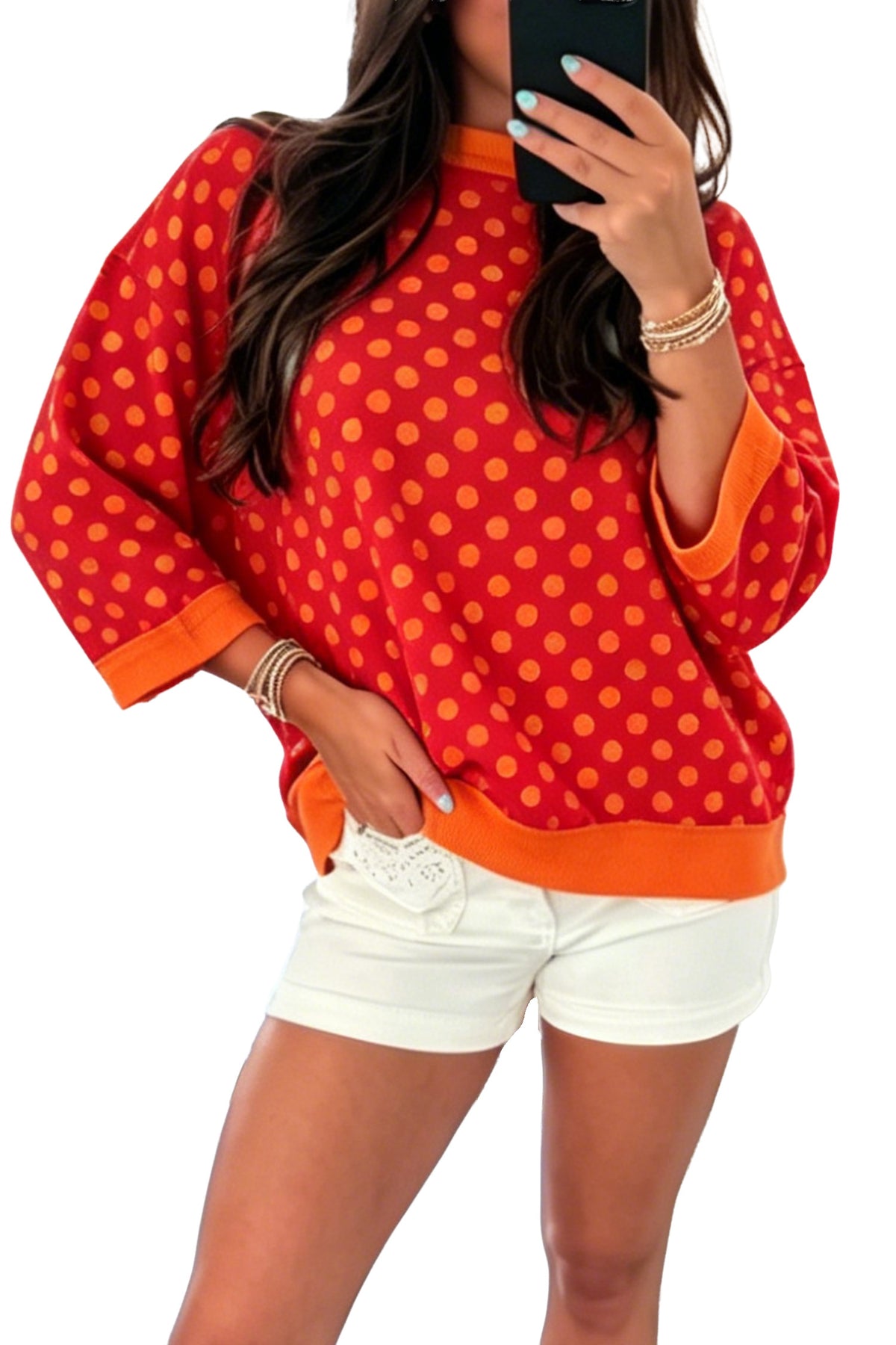 Red Polka Dot Print Contrast Trim Round Neck Bracelet Sleeve Top