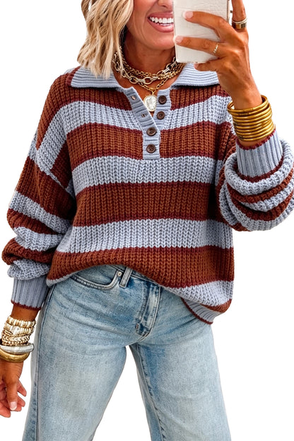 Red Dahlia Button Collar Dropped Shoulder Relaxed Pullover Sweater