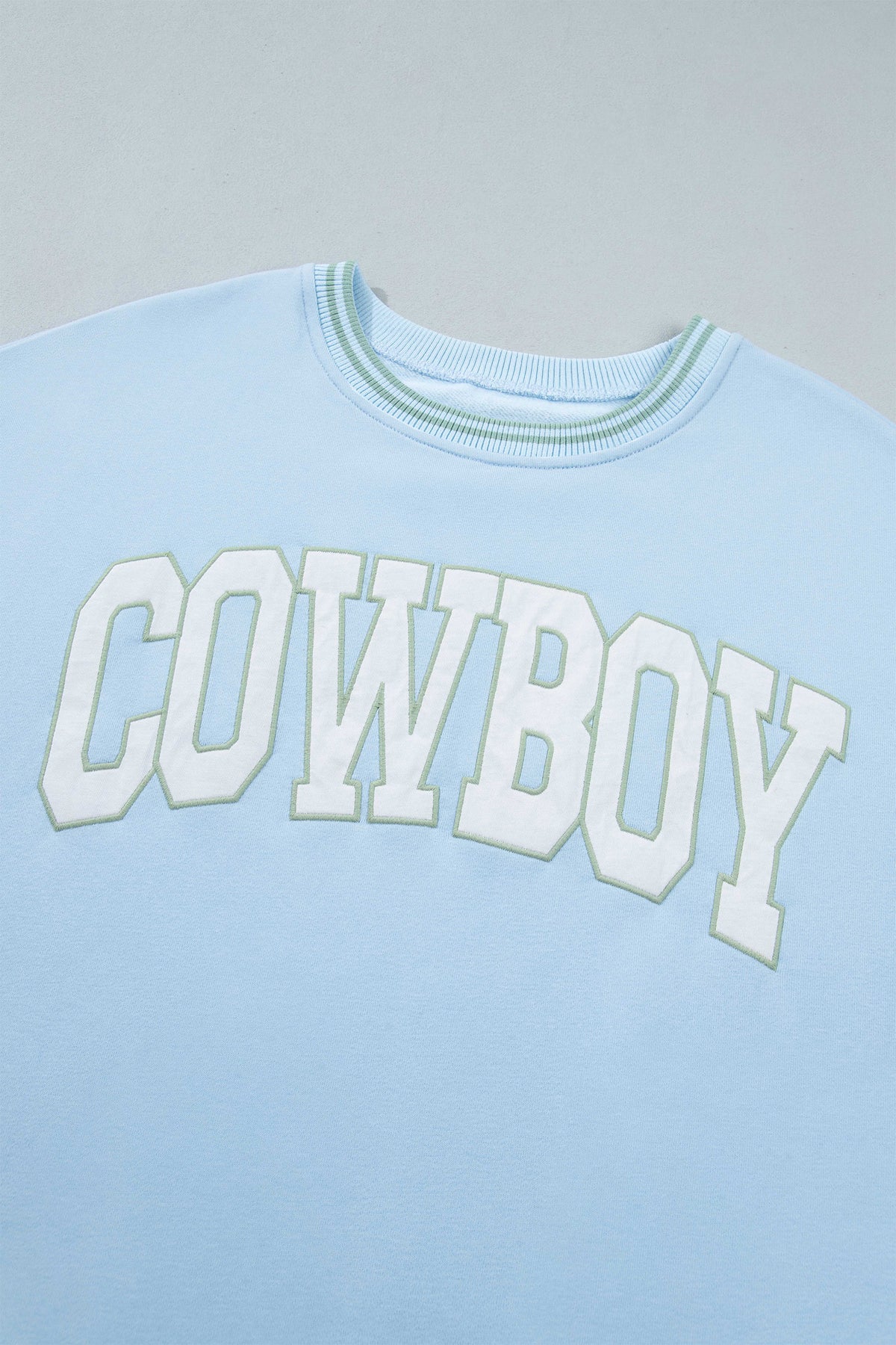 Beau Blue Embroidered Cowboy Letter Print Long Sleeve Round Neck Sweatshirt