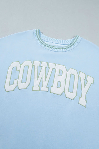 Beau Blue Embroidered Cowboy Letter Print Long Sleeve Round Neck Sweatshirt