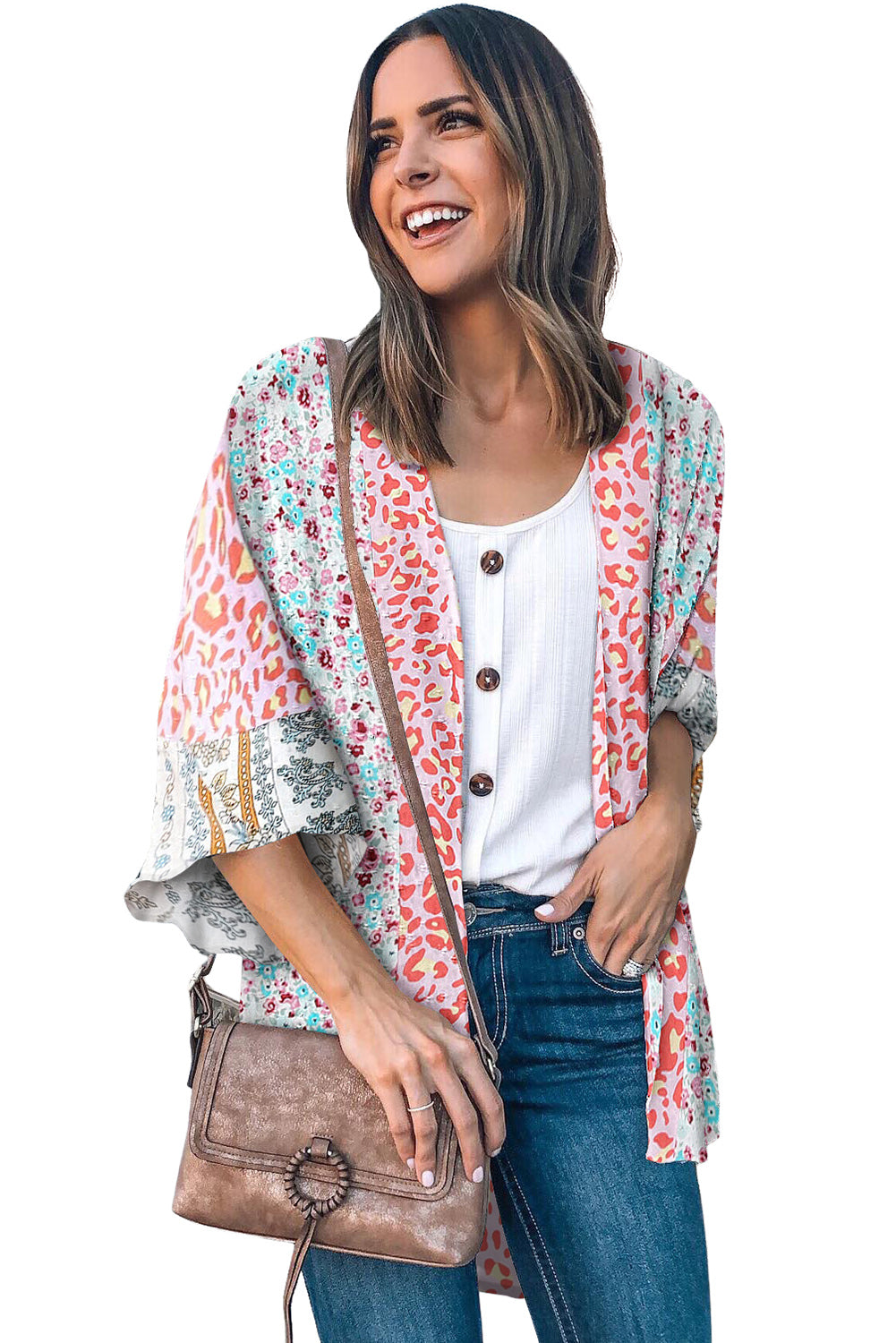 Kimono con manga acampanada y frente abierto con estampado floral 