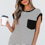 Black Stripe Chest Pocket Patch Round Neck Tank Top