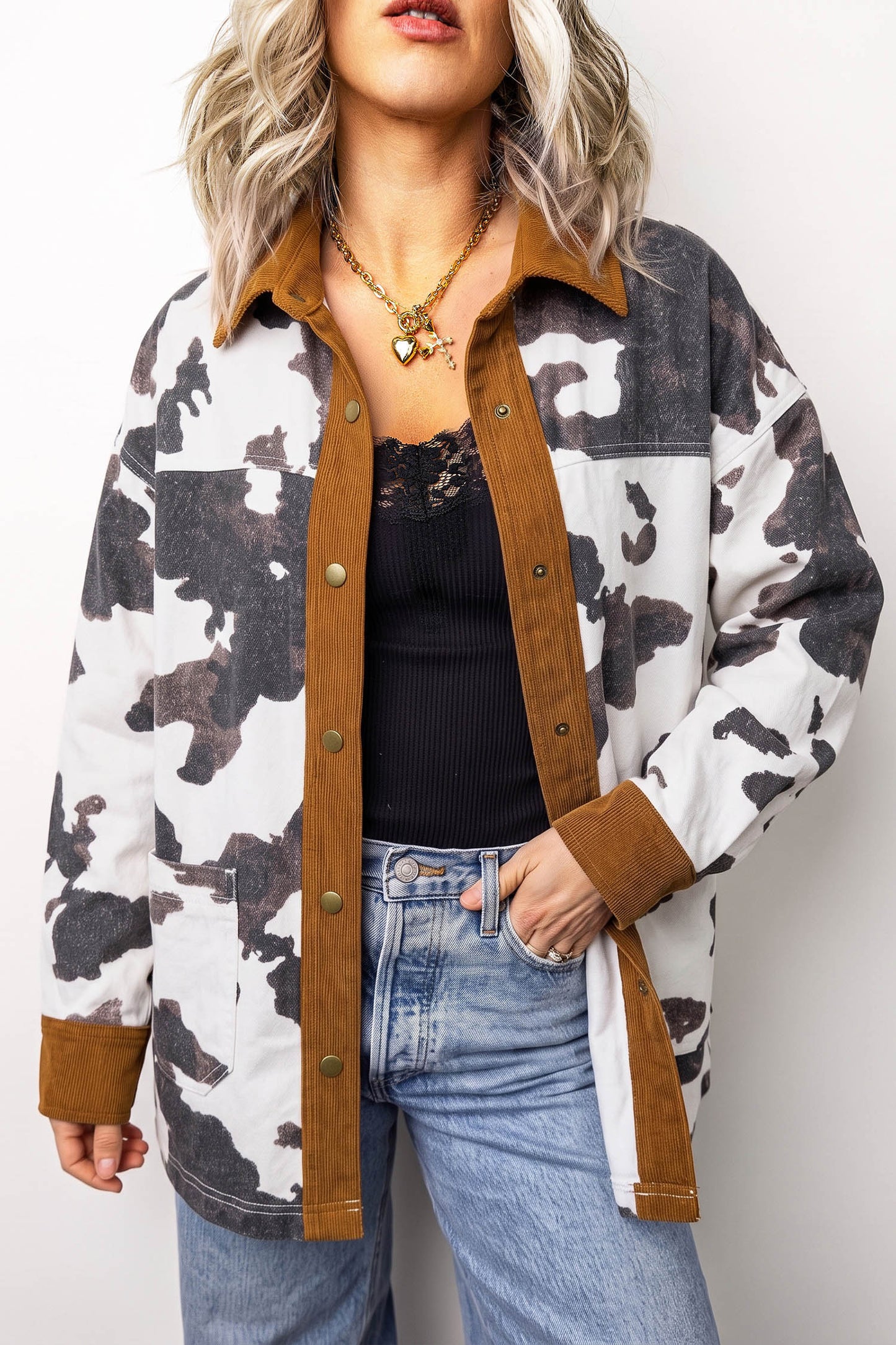 Multicolour Western Cow Print Long Sleeve Button-Up Denim Jacket