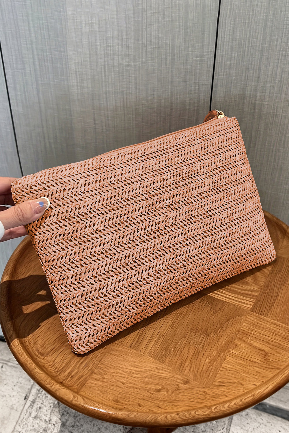 Chestnut Straw Woven Wrist Strap Zipper Large Wallet