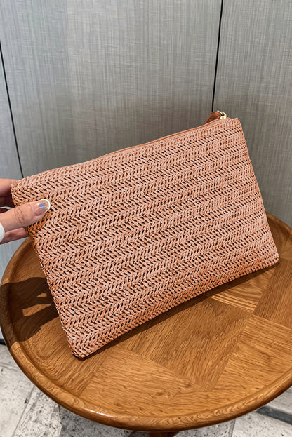 Chestnut Straw Woven Wrist Strap Zipper Large Wallet