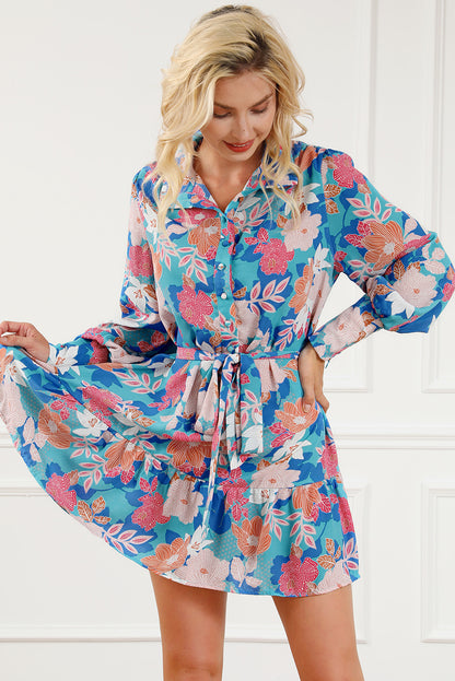 Robe chemise ceinturée à manches lanternes et imprimé floral bleu