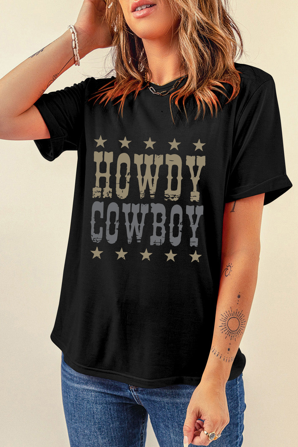 T-shirt ample noir à col rond et imprimé étoiles HOWDY COWBOY