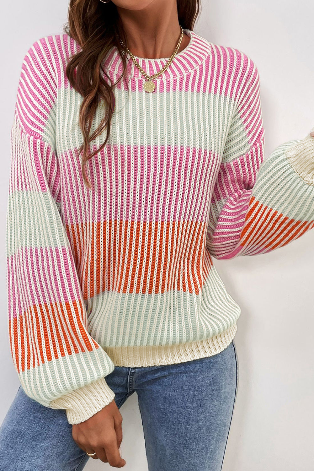 Pull à manches bouffantes en tricot texturé colorblock rose
