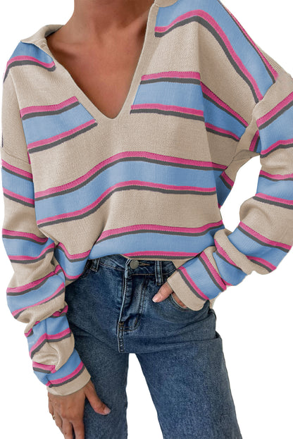 Pull ample à rayures abricot, col en V, épaules tombantes