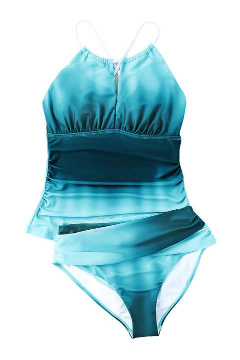Oceanic Gradient Color Peekaboo Halter Tankini Swimsuit