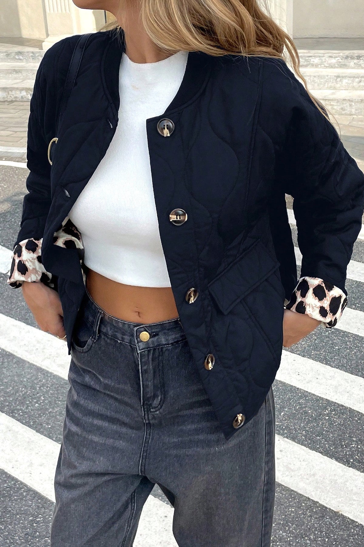 Black Retro Quilted Leopard Cuff Button Down Puffer Jacket