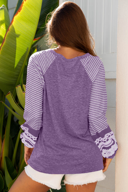 Mineral Red Contrast Print Striped Raglan Long Sleeve Loose Top