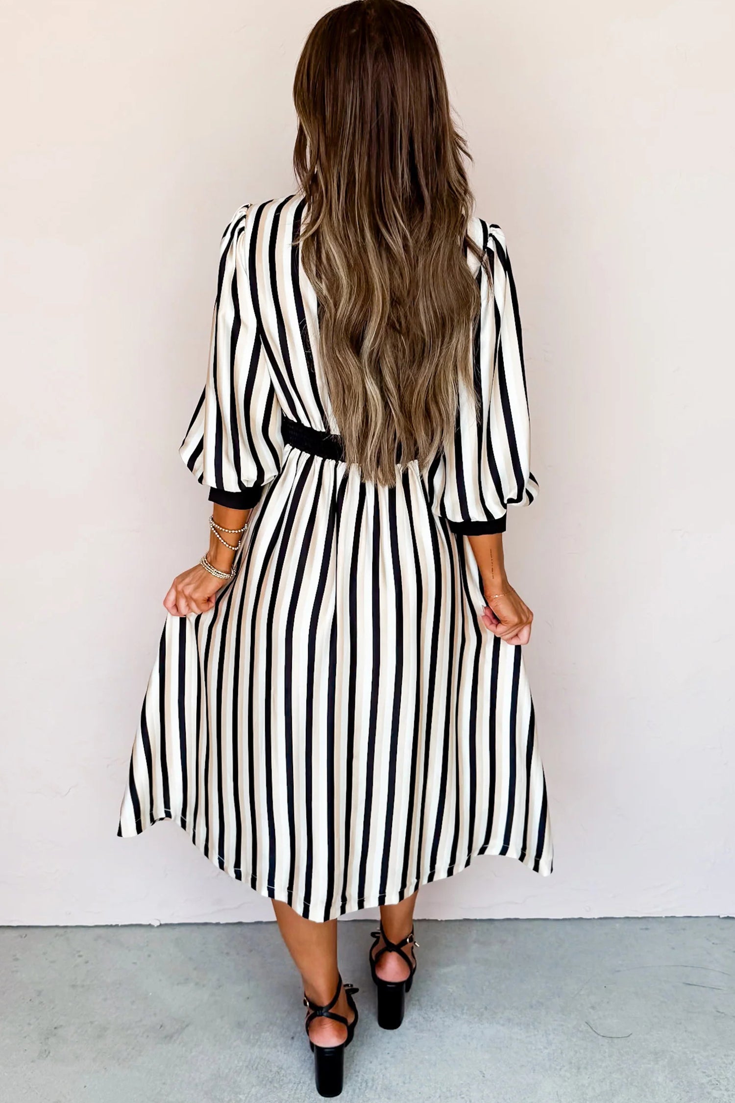 Black Stripe 3/4 Puff Sleeve Shirt Style Button Down Midi Dress HannaBanna Clothing Black Stripe 3/4 Puff Sleeve Shirt Style Button Down Midi Dress HannaBanna Clothing