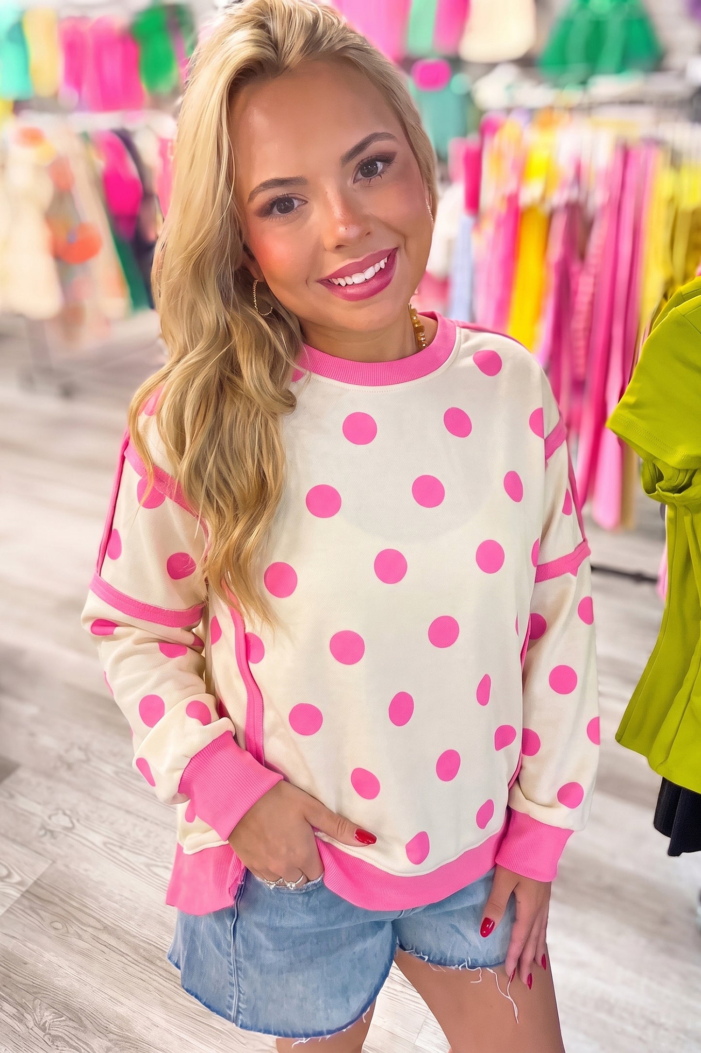 Yellow Polka Dot Contrast Patchwork Round Neck Baggy Sweatshirt