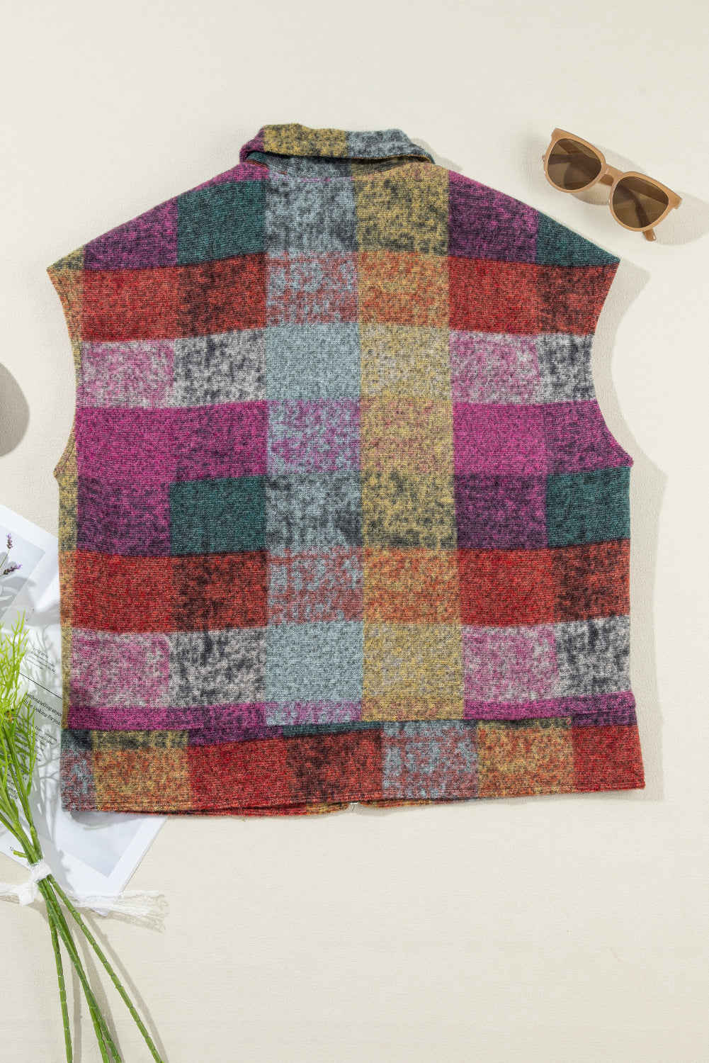 Gilet ample zippé à imprimé écossais multicolore avec poches latérales