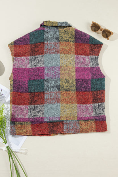 Gilet ample zippé à imprimé écossais multicolore avec poches latérales