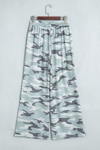 Green Camo Wide Leg Tie Elastic Waist Casual Pants