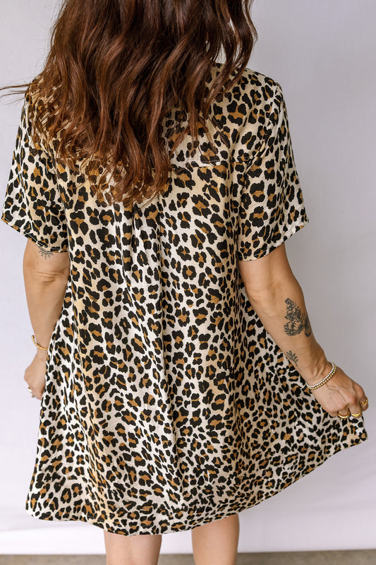 Multicolour Half Buttons Short Sleeve Loose Leopard Mini Dress with Pockets