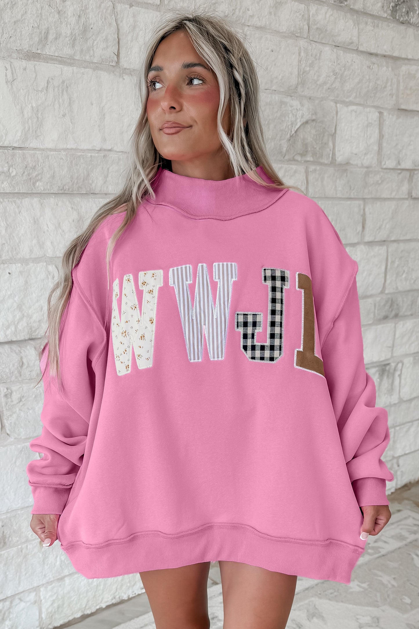 Bonbon WWJD Mixed Pattern Embroidered Patch Graphic Mock Neck Sweatshirt