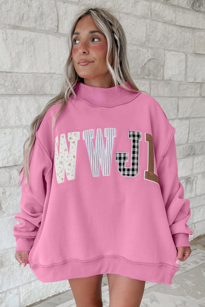 Bonbon WWJD Mixed Pattern Embroidered Patch Graphic Mock Neck Sweatshirt