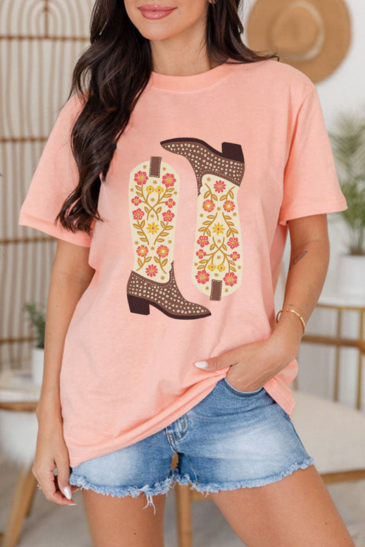 Pink Western Floral Boots Print Round Neck Loose T Shirt