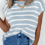 Beau Blue Side Slits Crewneck Short Sleeve Sweater Tee