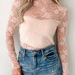 Apricot Pink Sheer Floral Lace Mesh Mock Neck Long Sleeve Top
