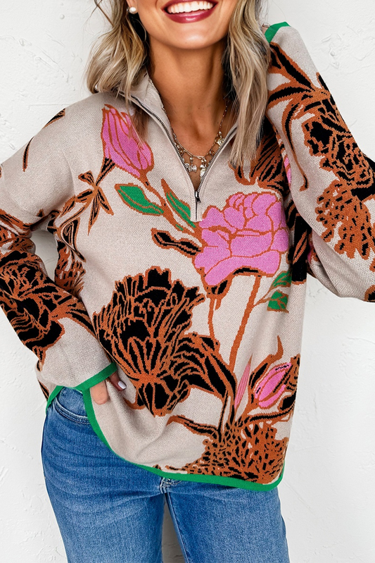 Khaki Floral Pattern Knit Quarter Zip Stand Neck Sweater