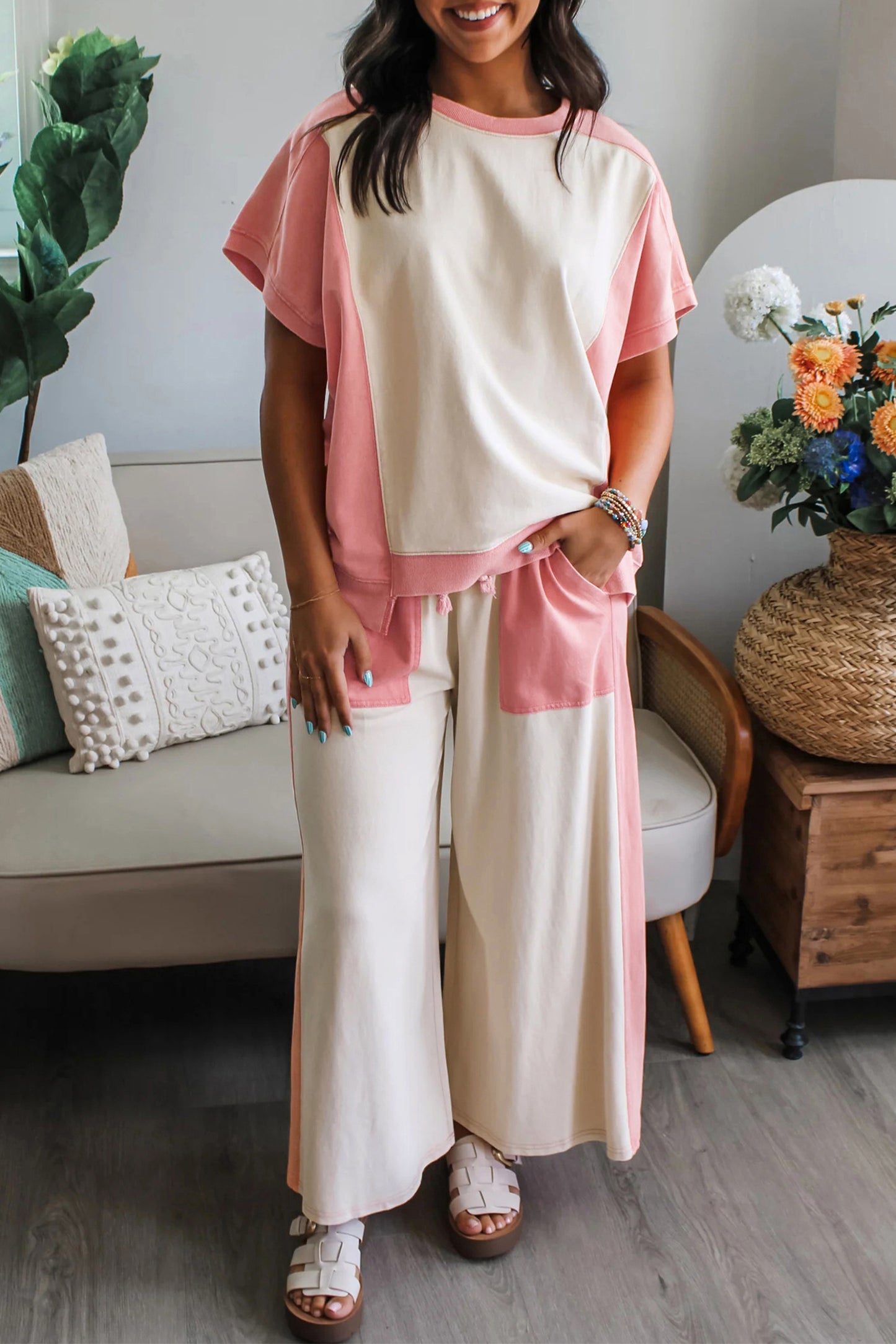 White Two-tone Color Block Patchwork Tee Drawstring Loose Pant Set