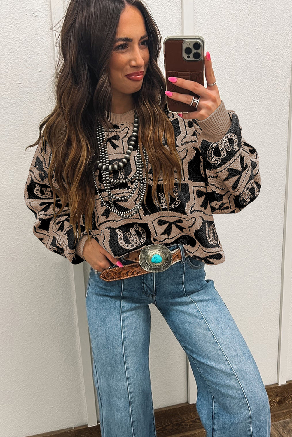 Black Bows & Horseshoes Pattern Western Fashion Print Sweater