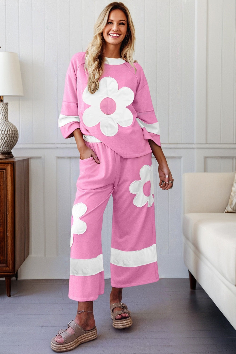 Orchid Bouquet Big Flower Patched Raw Seam Color Block 2 Piece Loose Pant Set