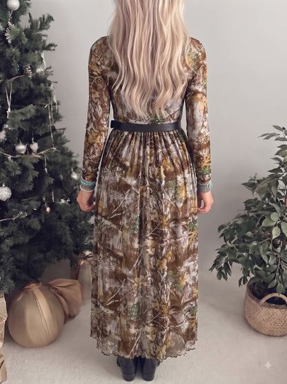 Brown Western Print Mesh Long Sleeve Maxi Dress