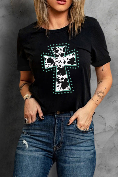Camiseta negra con estampado animal y gráfico cruzado