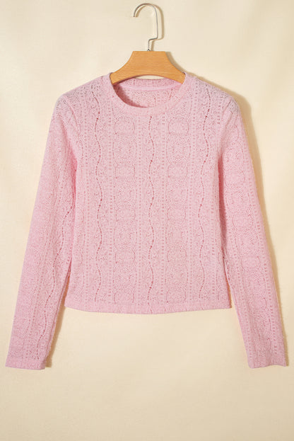 Light Pink Semi Sheer Lace Long Sleeve Cropped Top