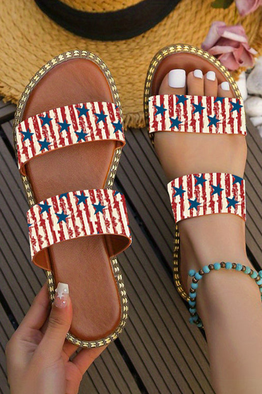 Fiery Red American Flag Print Double Band Flat Slippers