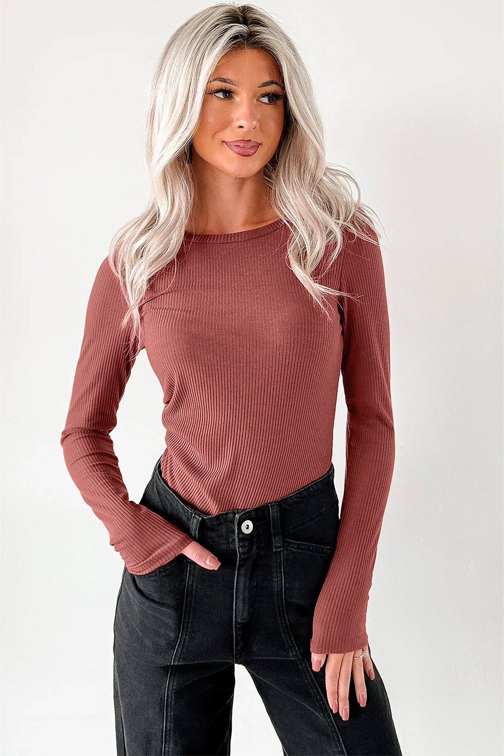 Dearlovers Black Ribbed Long Sleeve Crew Neck Solid Color Bodysuit