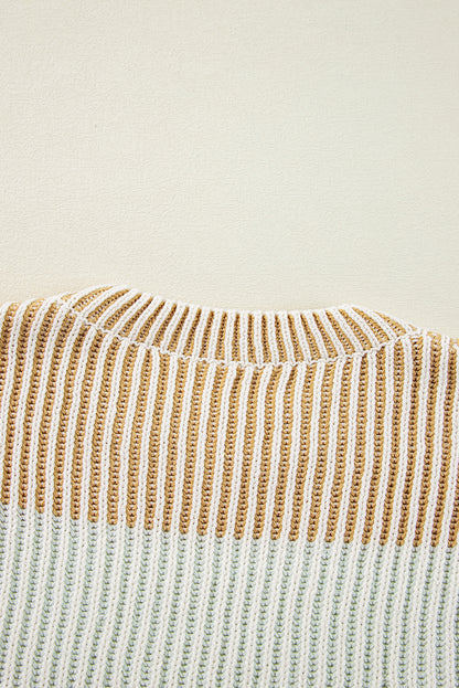 Pull à manches bouffantes en tricot texturé colorblock marron