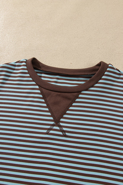 Brown Stripe Drop Shoulder Loose Top and Pants Two Piece Set