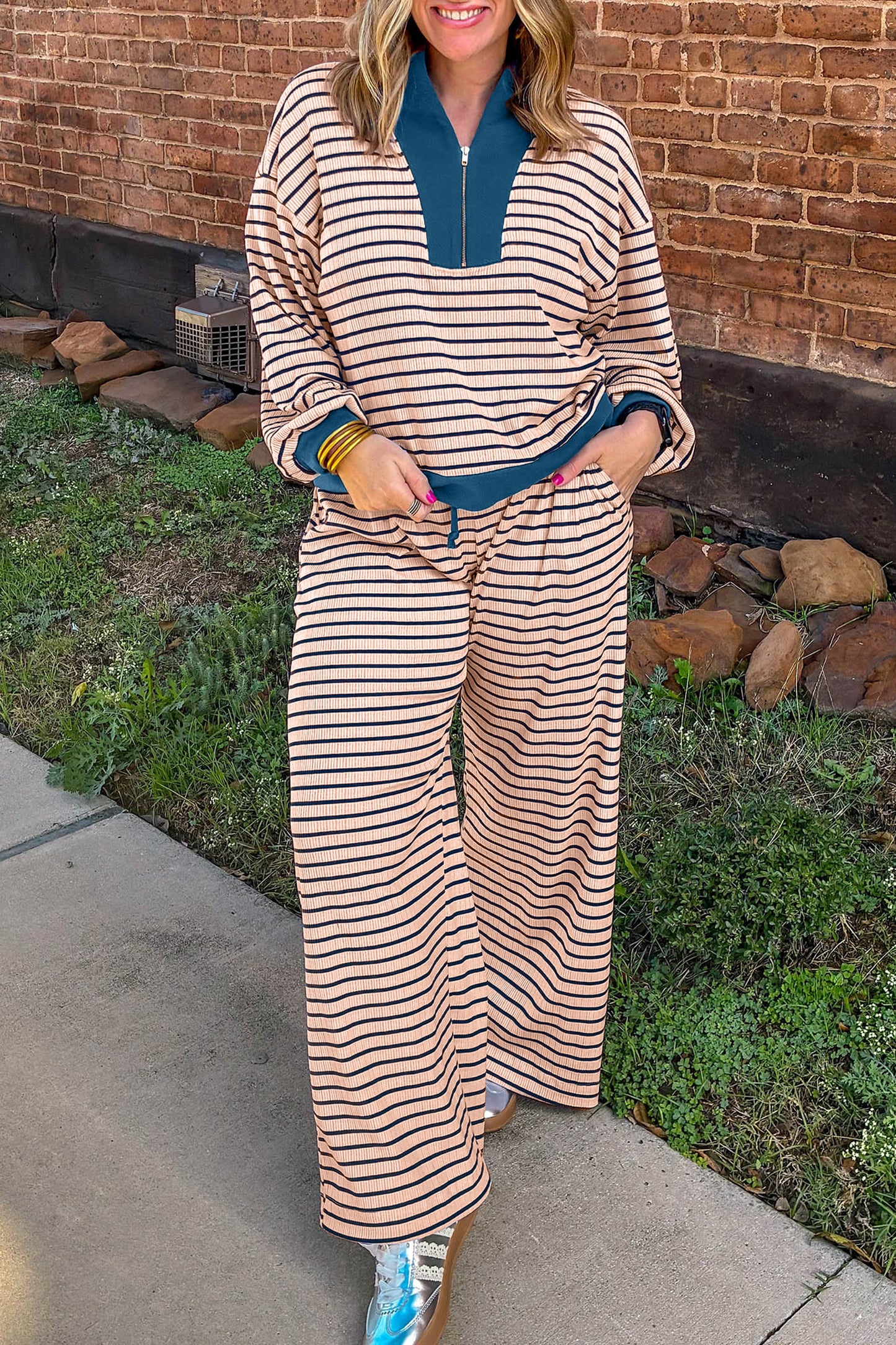 Pink Stripe Striped Colorblock V Neck Long Sleeve Plus Size Set