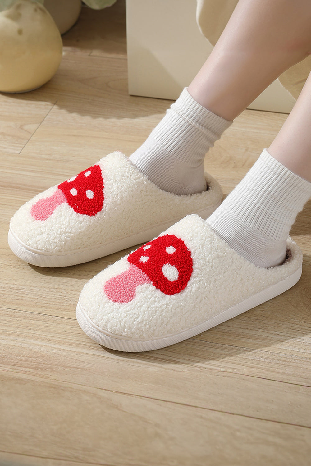 White Cute Cartoon Mushroom Graphic Fuzzy Winter Slippers
