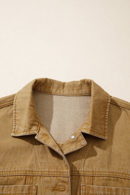 honey gold Metal Button Front Long Sleeve Collar Denim Jacket