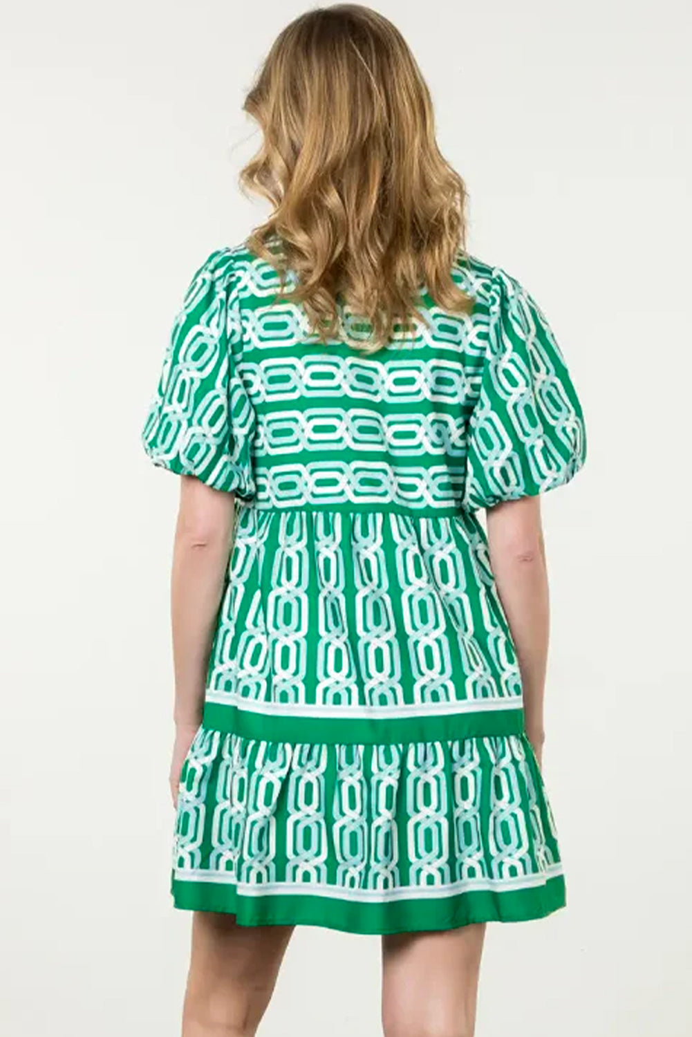 Bright Green Abstract Patterned V Neck Puff Short Sleeve Mini Dress HannaBanna Clothing Bright Green Abstract Patterned V Neck Puff Short Sleeve Mini Dress HannaBanna Clothing