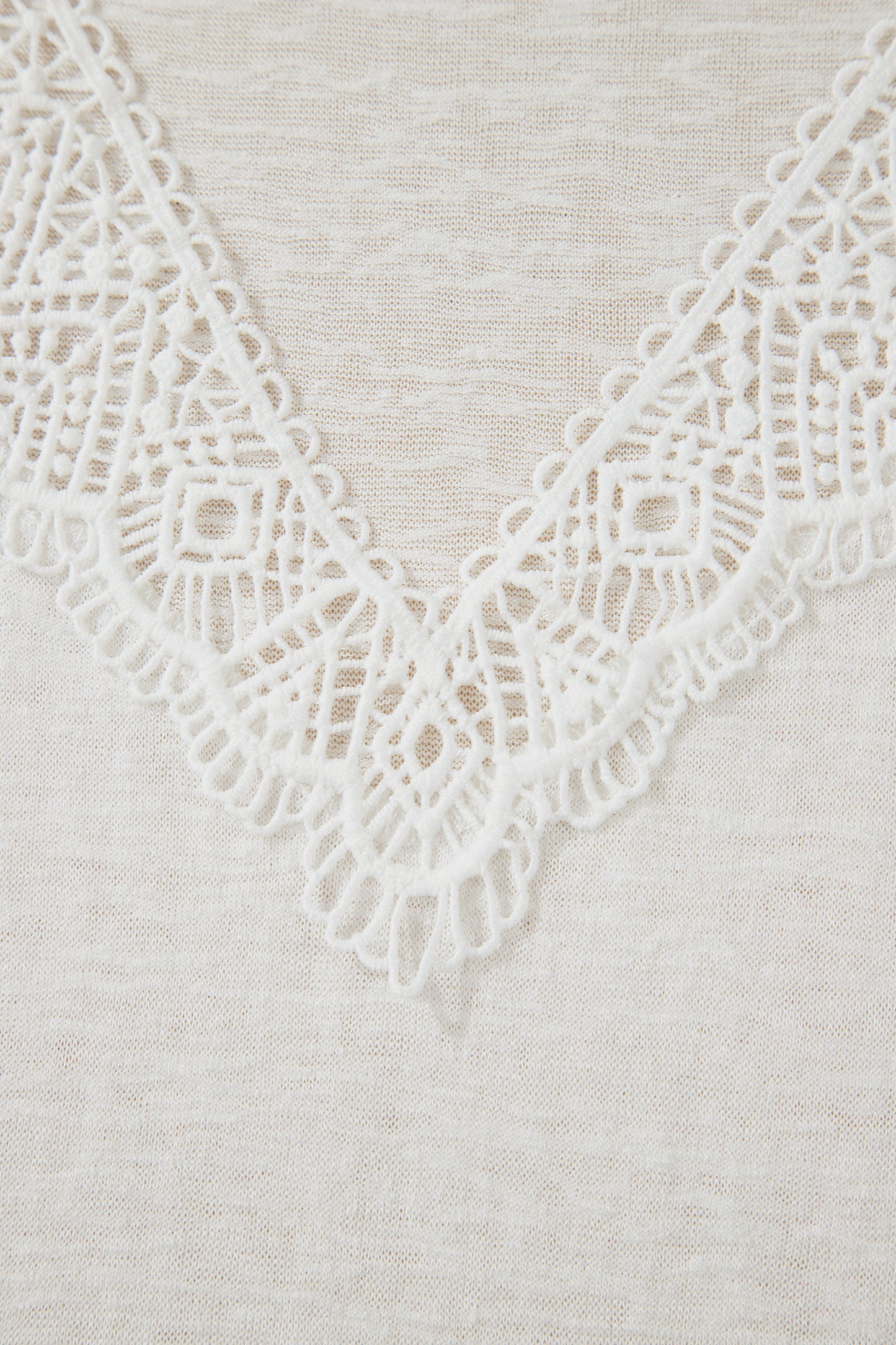 White Hollowed Lace Splicing V Neck T Shirt