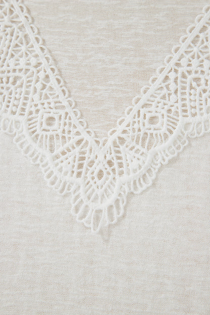 White Hollowed Lace Splicing V Neck T Shirt