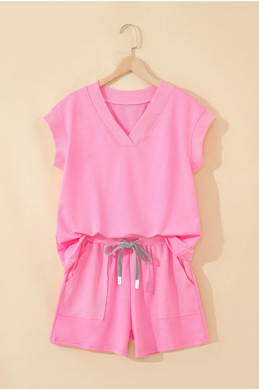 Sachet Pink V Neck Short Sleeve Top Drawstring Shorts 2pcs Set