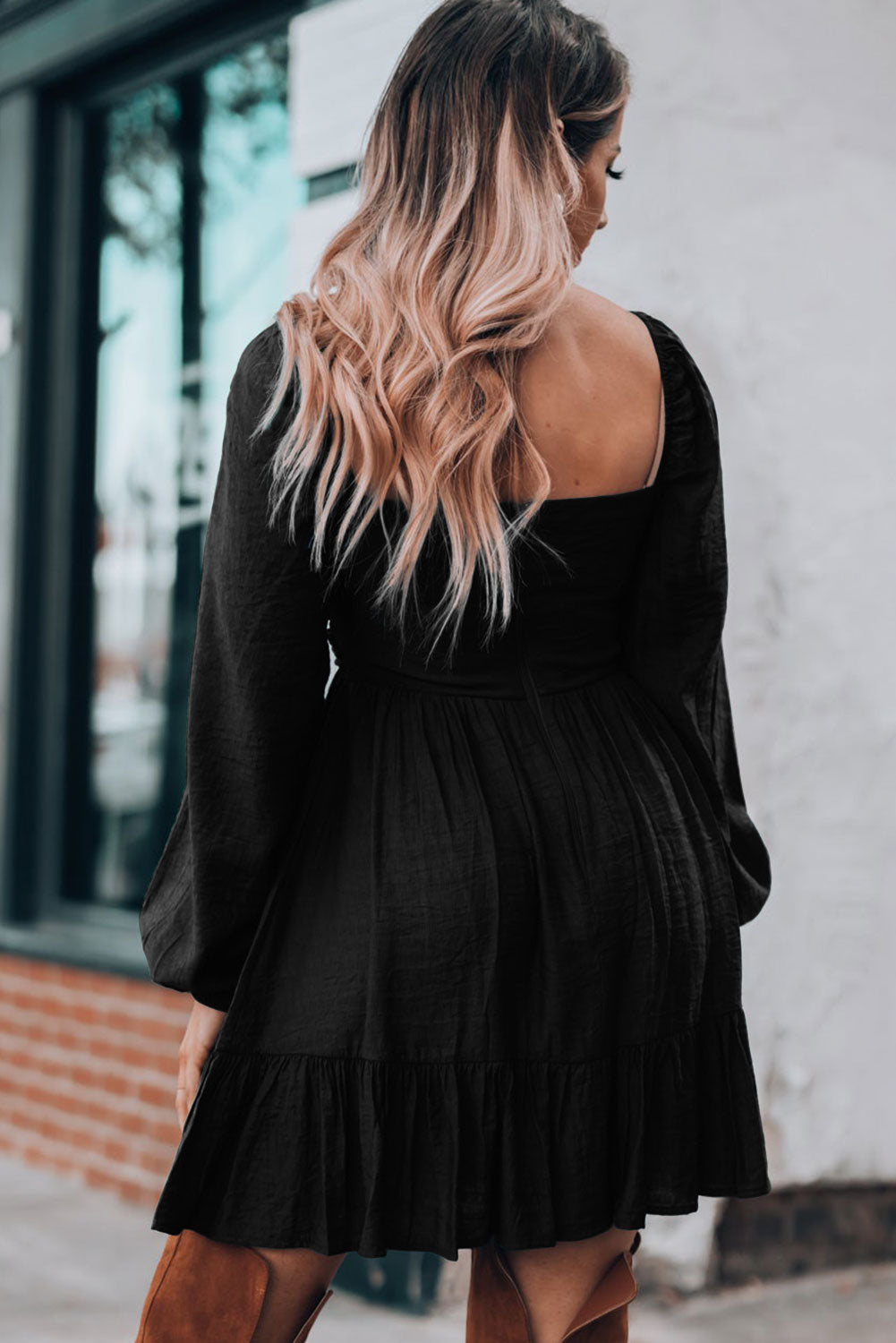 black ruched dress with puff sleeves Black Bubble Sleeve Ruched Mini Dress