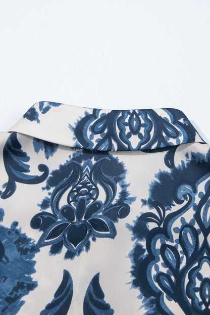 Blue Boho Floral Print Buttoned Collared Loose Fit Mini Dress